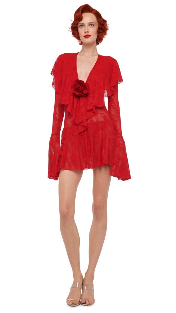 LONG SLEEVE DEEP V RUFFLE MINI DRESS