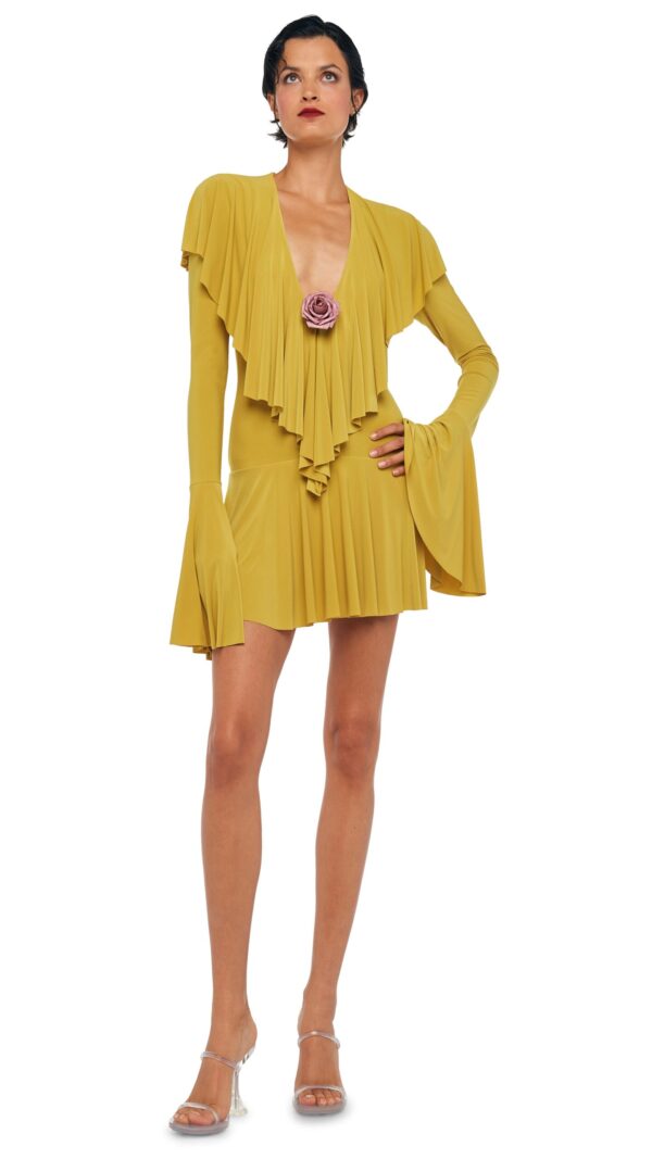 LONG SLEEVE DEEP V RUFFLE MINI DRESS